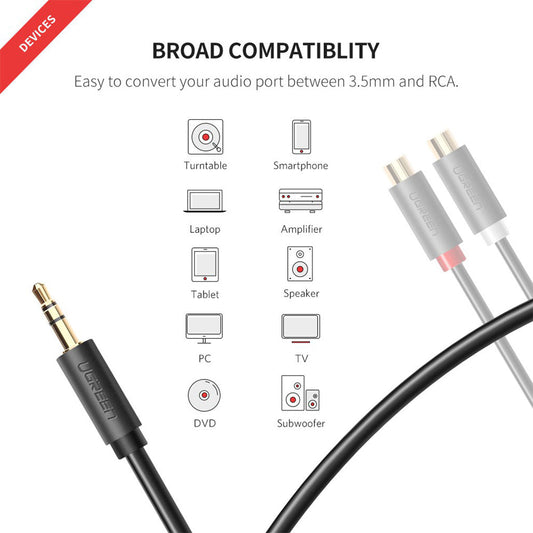 UGreen RCA 3.5mm Adapter Cable - 2 Phono Female to Male Aux Mini Jack for Superior Audio