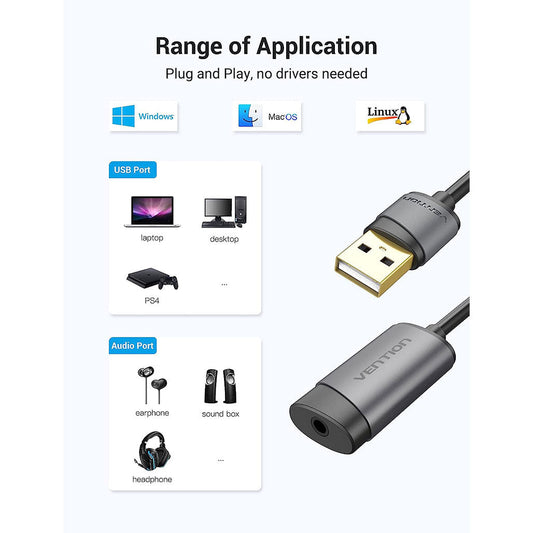 Vention 3.5mm External Sound Card VT02-2016 | USB Audio Adapter with Microphone and Audio Output Support