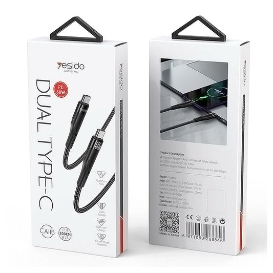 Yesido CA116 3 Meter Type-C to Type-C Data Cable, 60W Fast Charging & Data Transmission, Compatible with Smartphones, Tablets, and Laptops
