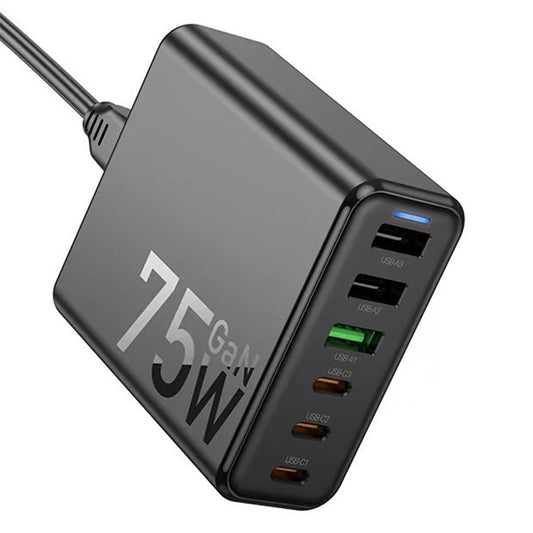 Hoco C133A High Power 75W Six-Port Charger with Cable - Multi-Device Fast Charging Solution