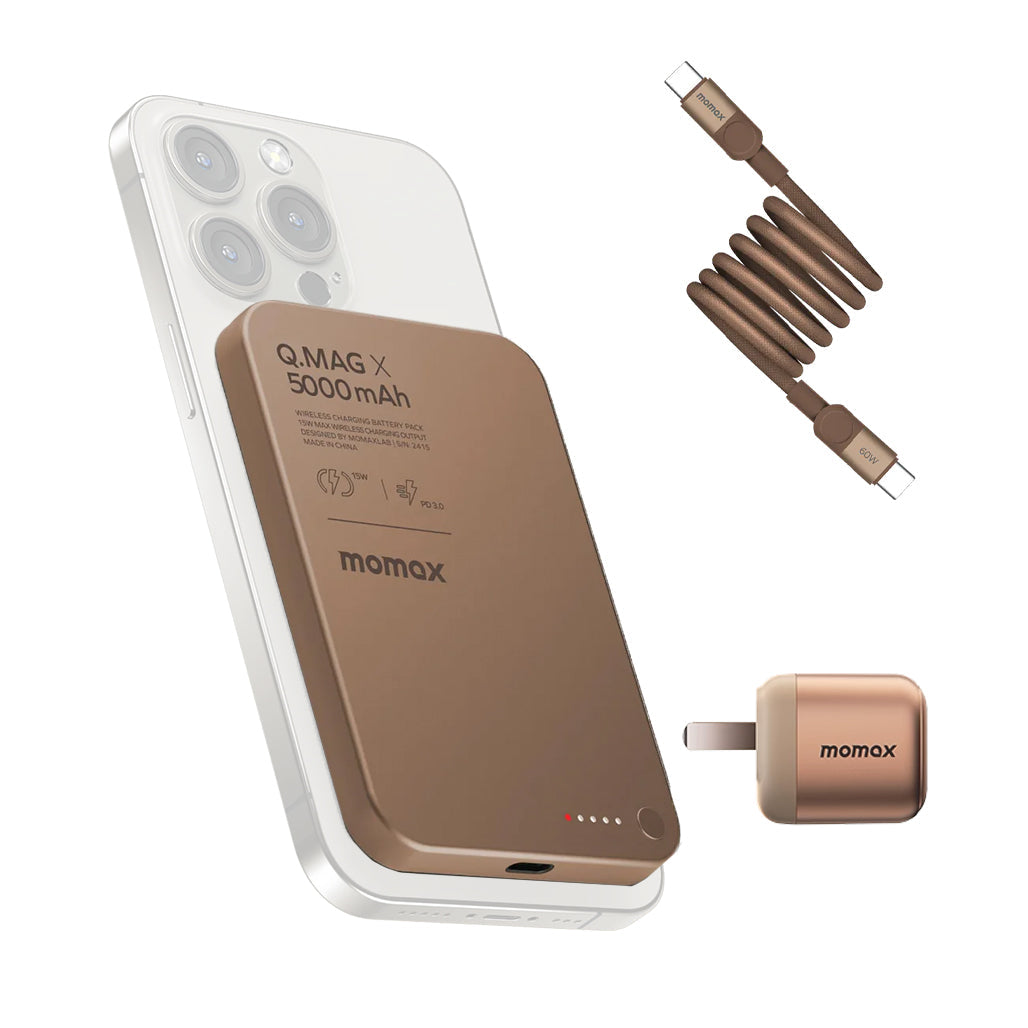 Momax Charger Ensemble – Q.Mag X 5000mAh Magnetic Wireless Battery Pack + 60W USB-C Magnetic Cable + 30W GaN Charger