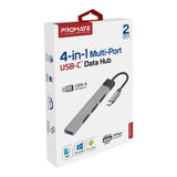 Promate 4-in-1 USB-C Multi-Port Data Hub – Ultra-Slim Aluminum Hub with 4 USB-A Ports, 5Gbps Transfer Rate, and Flexible Cable