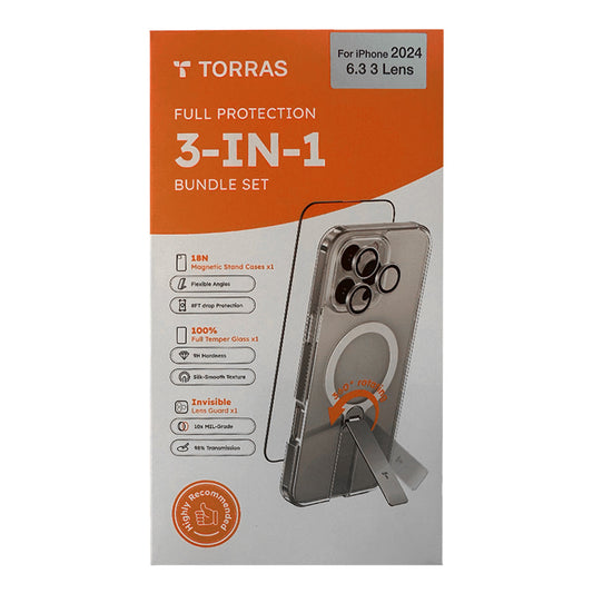 Torras Full Protection 3-in-1 Bundle Set for iPhone 16 Pro - Magnetic Stand Case, Tempered Glass Screen Protector, and Invisible Lens Guard